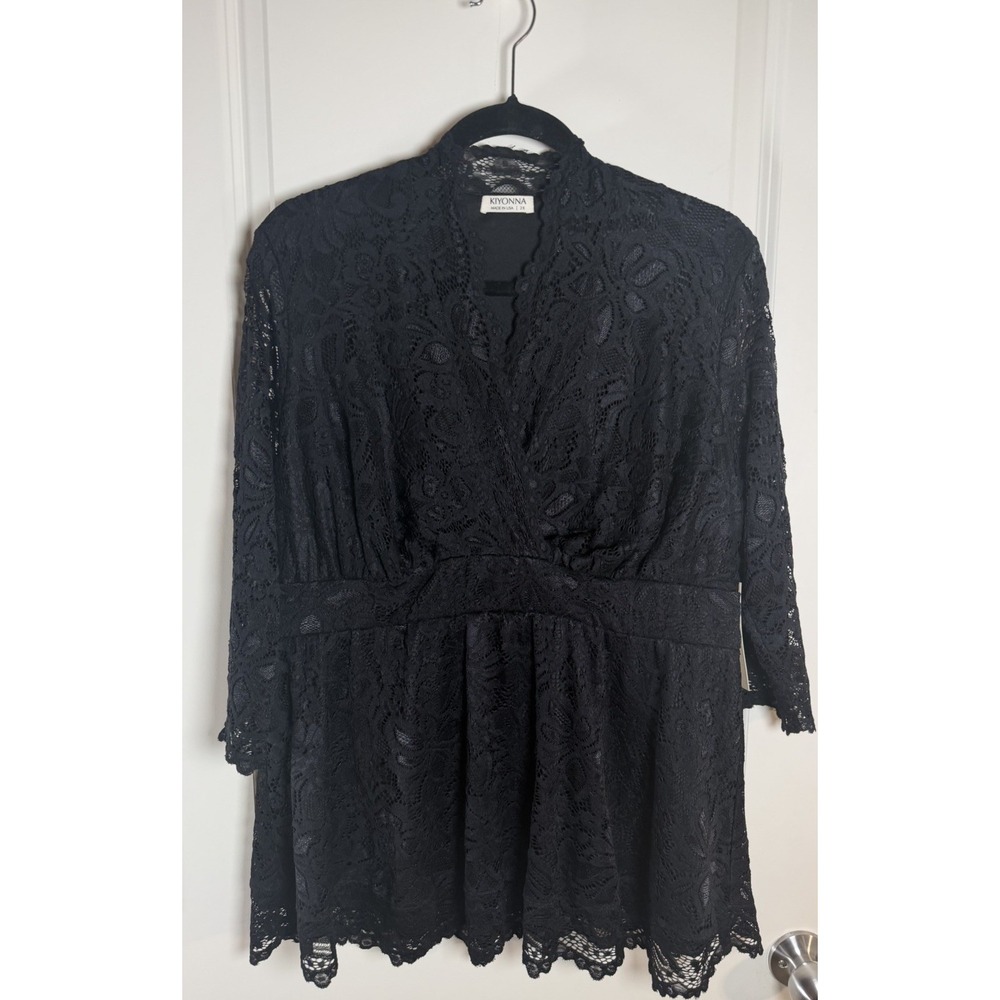 Kiyonna Linden Lace Top Black Plus Size 2X V-Neck Semi-Formal Romantic Blouse - Picture 2 of 7